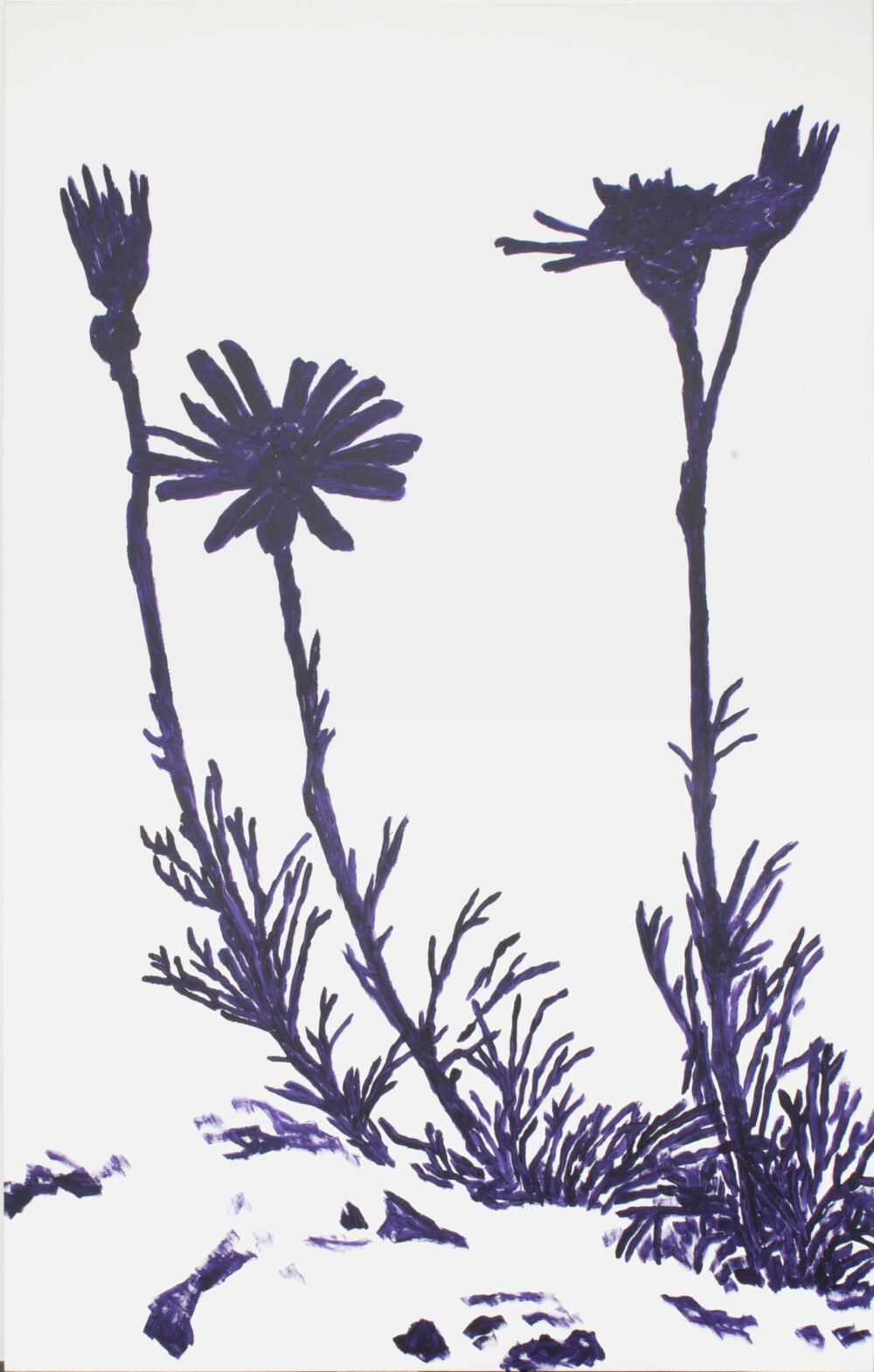 Gemälde von Anne Loch mit dem Titel Ohne Titel (AL 1422), es zeigt violette Blumensilhouetten auf weissen Grund