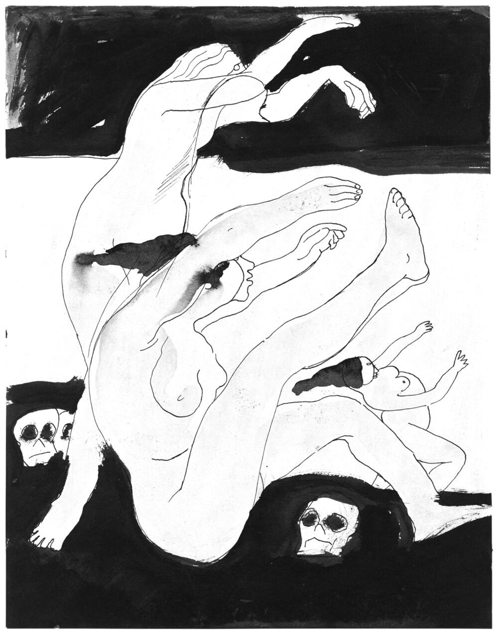 Zeichnung von drei nackten Frauen, die ihre Arme in die Luft werfen