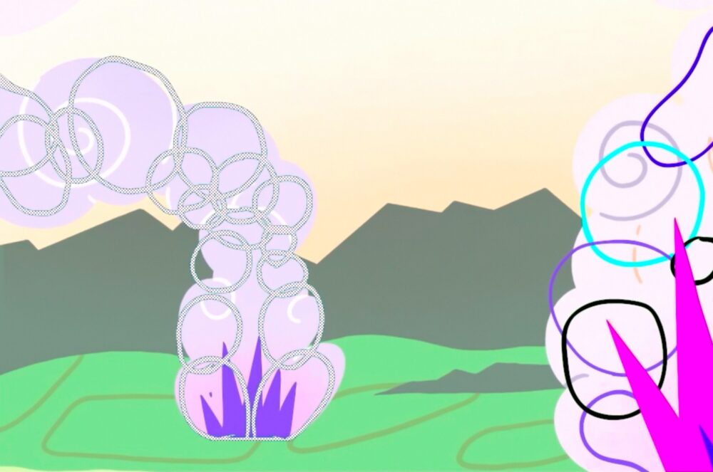 Ein gezeichnetes Feuer mit einer Rauchfahne, im Hintergrund sind Berge zu sehen.