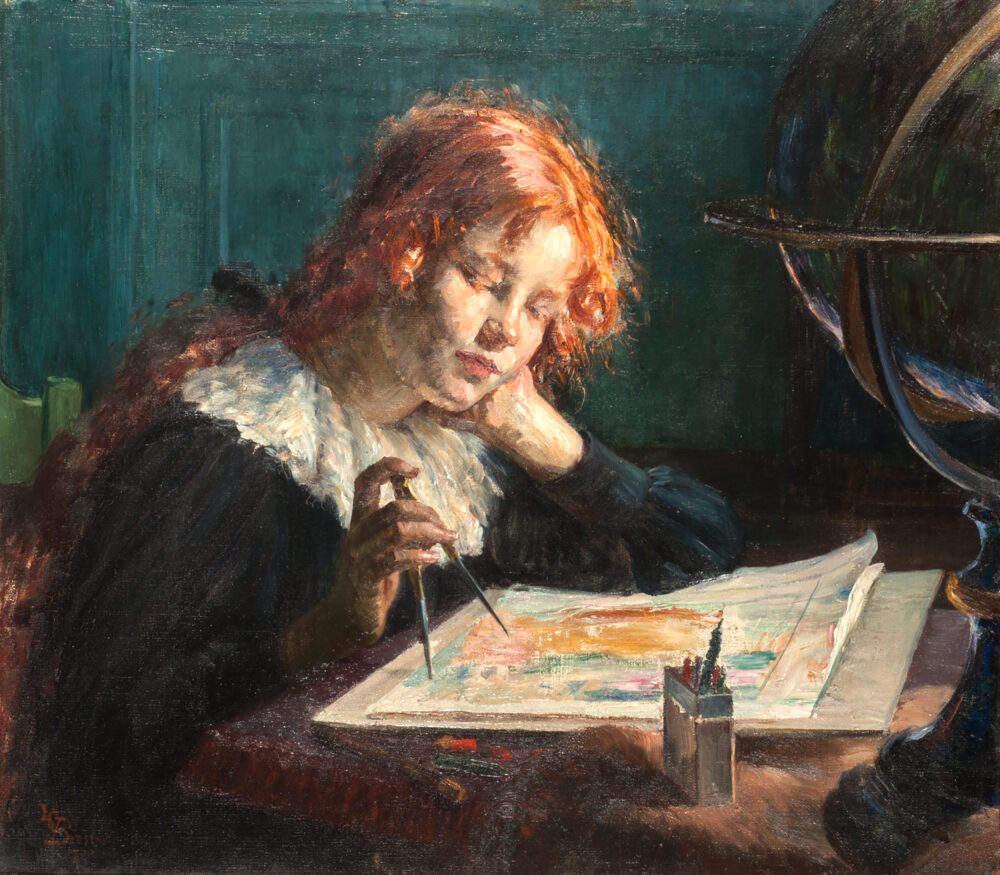 Ein junges Mädchen mit roten Haaren am Lesen mit einem Zirkel in der Hand