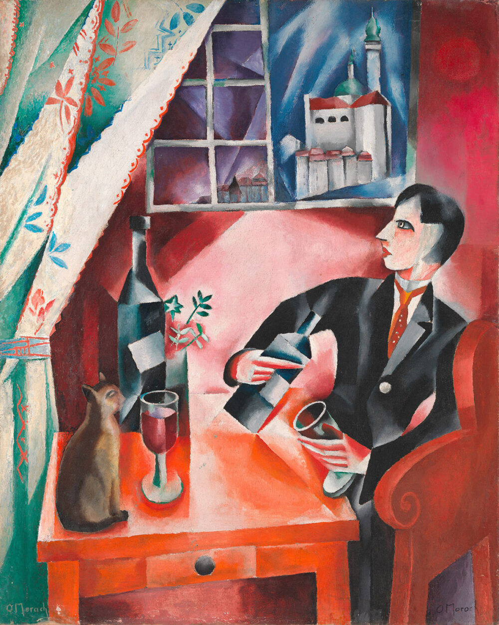 Gemälde eines Mannes, der ein Glas Rotwein einschenkt