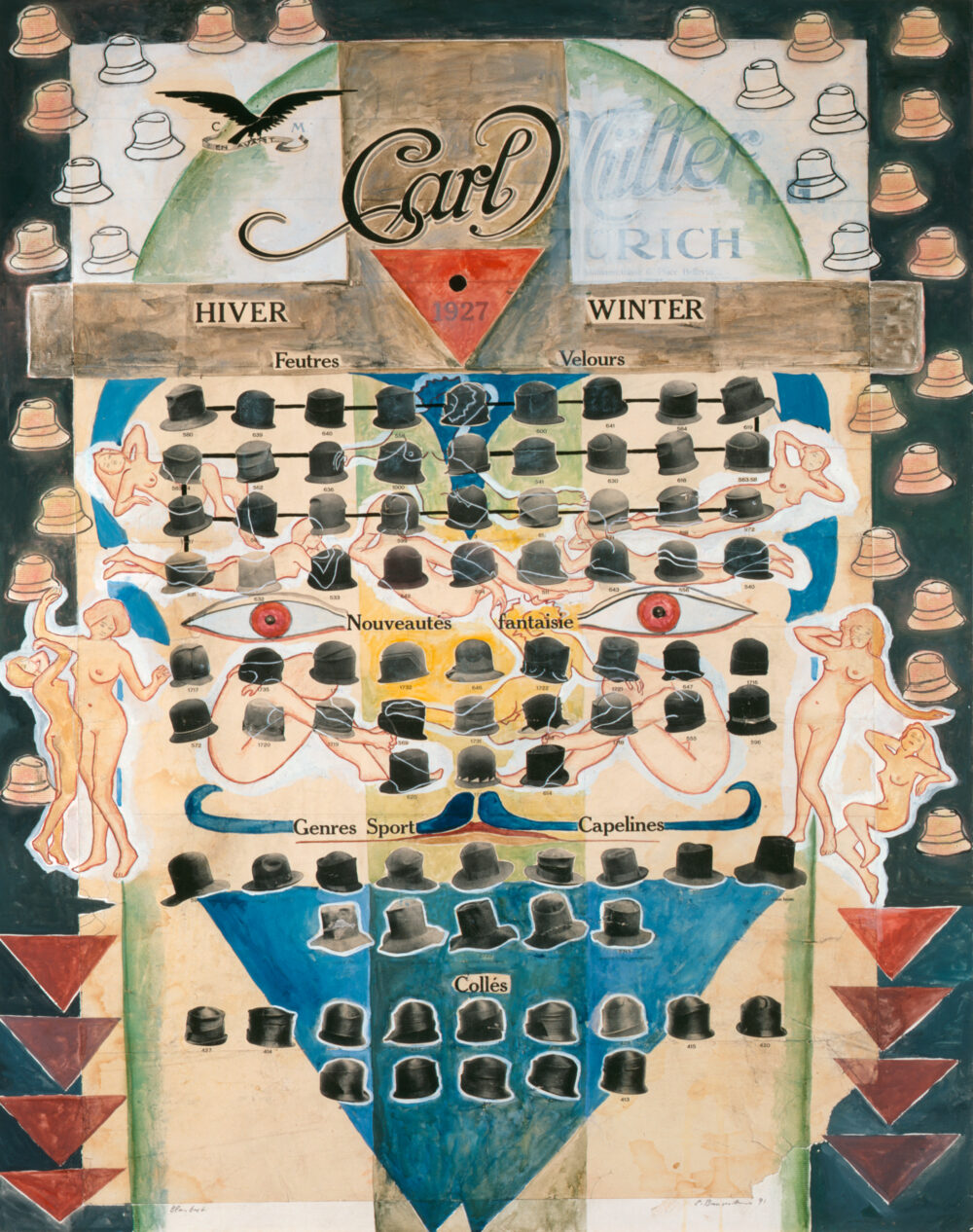 Eine Collage mit verschiedenen Hüten die auf einem Gesicht kleben