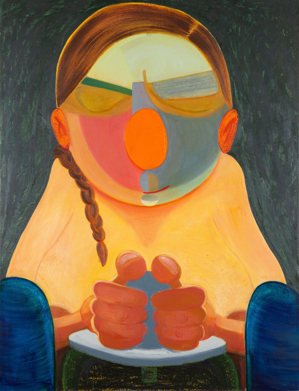 Malerei einer Frau, die an einer Töpferscheibe sitzt und etwas in den Händen formt.