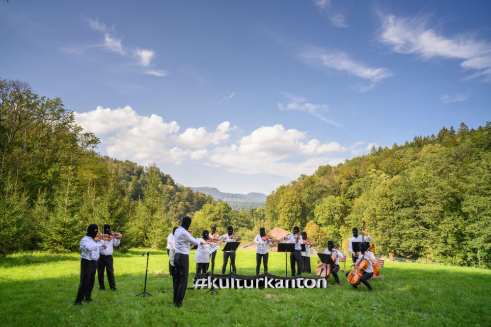 Ein maskiertes Orchester spielt auf ihren Instrumenten in der Natur