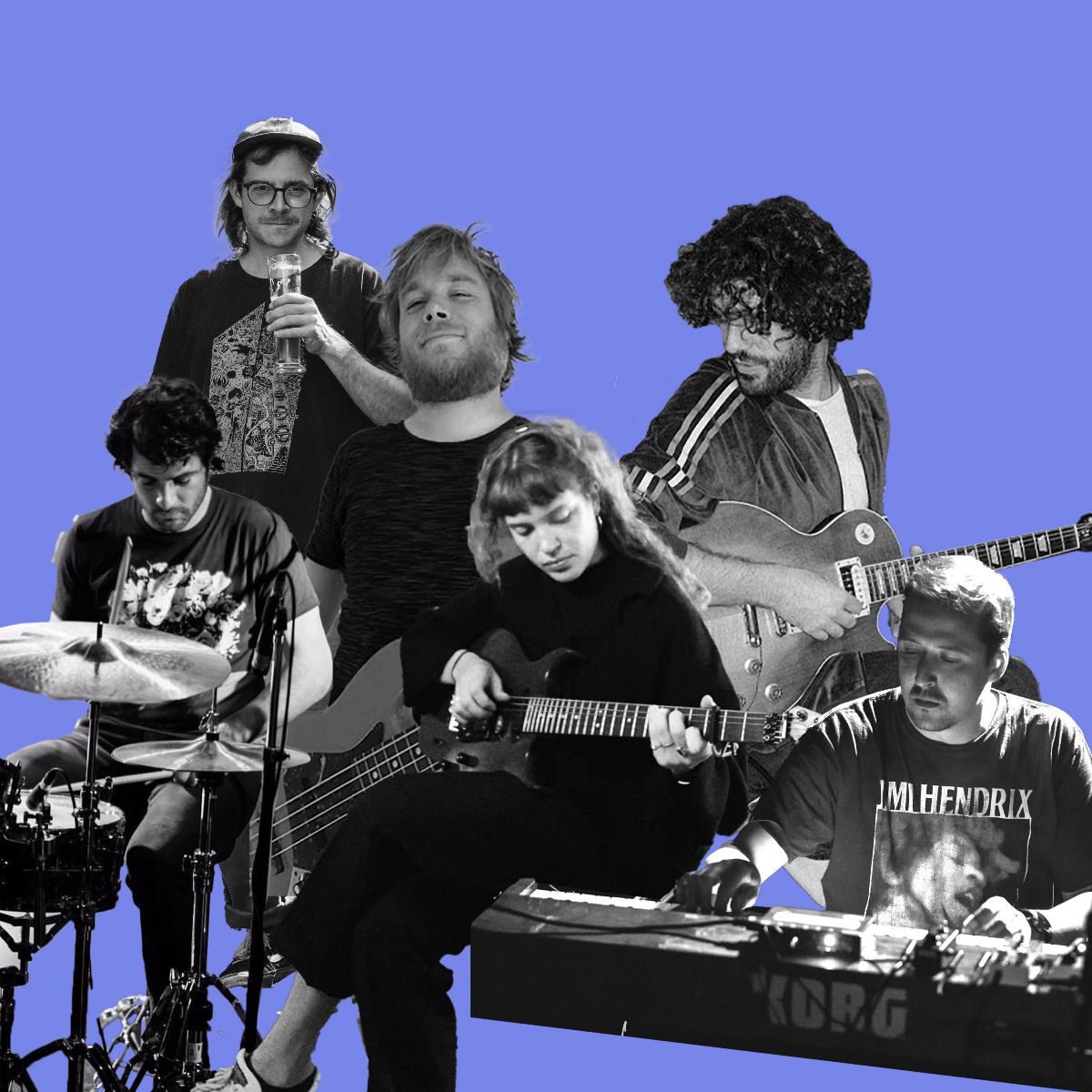 Eine Collage mit verschiedenen Musiker:innen, die Instrumente spielen