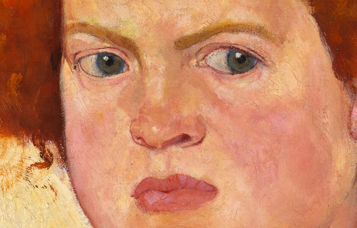 Ein Gemälde eines weiblichen Gesichts, dass mit einem suspekten Gesichtsausdruck nach rechts schaut.