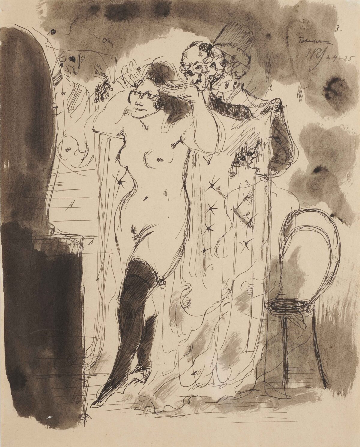 Eine nackte Frau wird vom Tod angekleidet