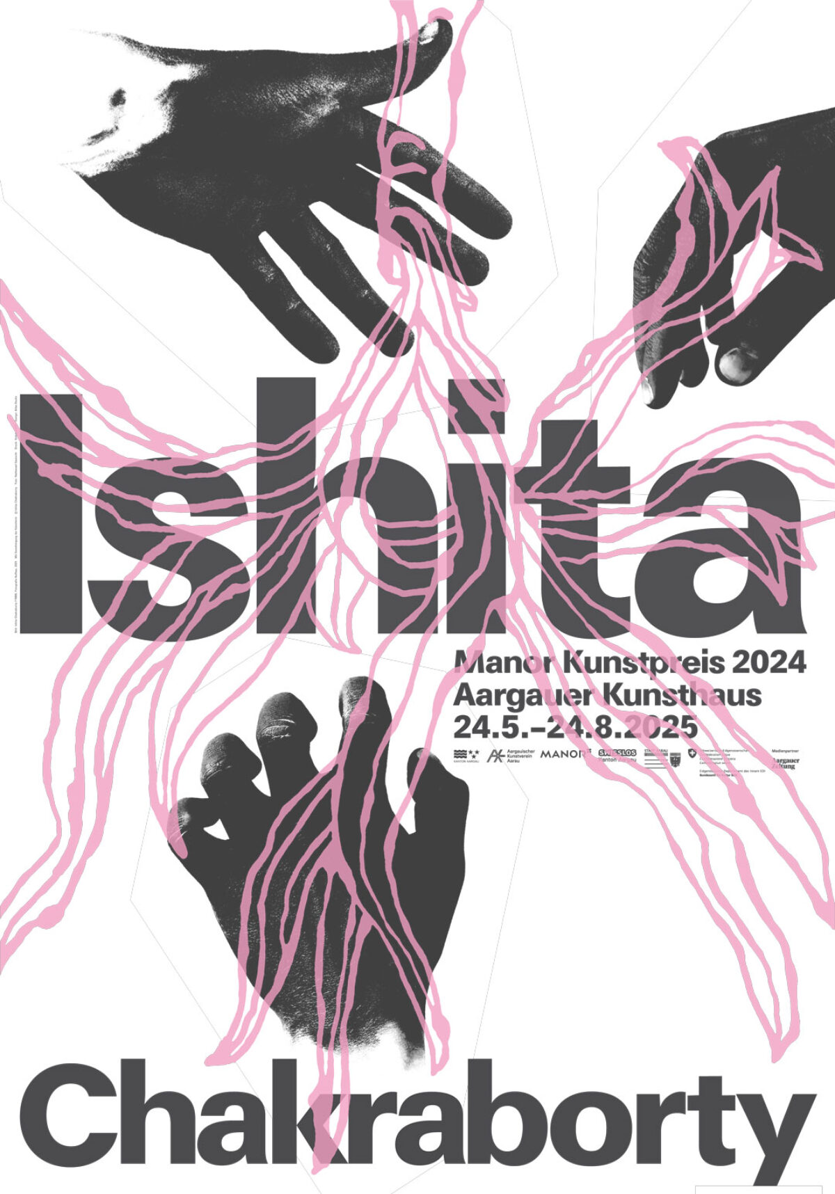 Plakat der Ausstellung mit verschiedenen Händen und Schriftzug Ishita Chakraborty