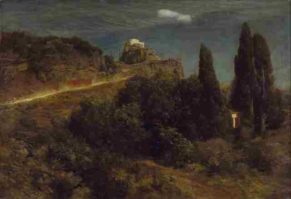 Arnold Böcklin, Bergschloss mit Kriegerzug, 1871