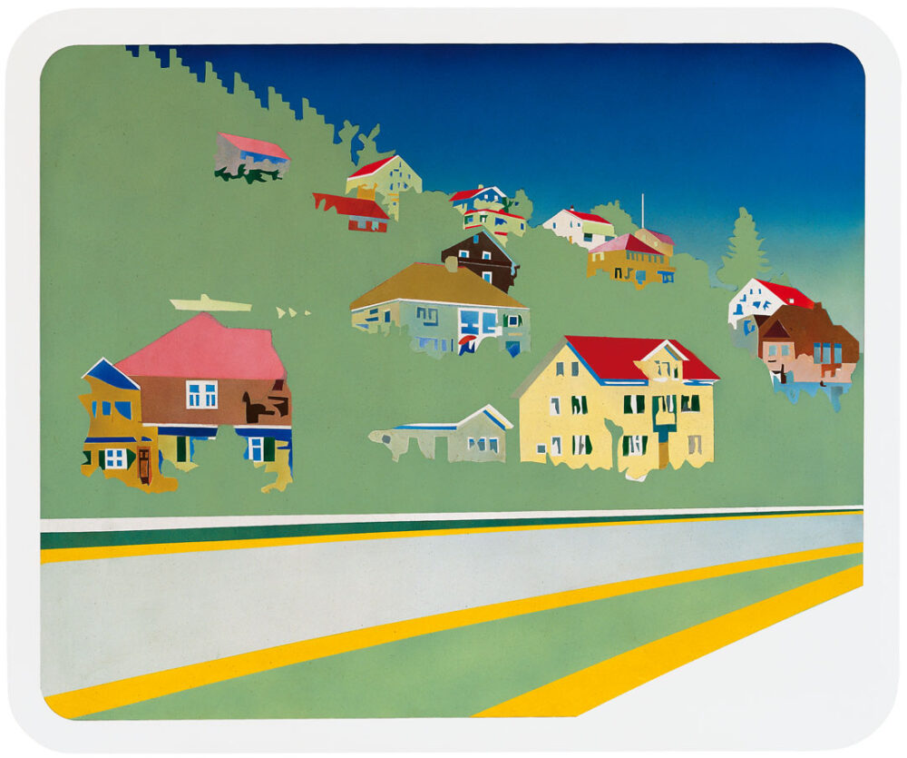 Malerei einer abstrahierten Berglandschaft voller Villen