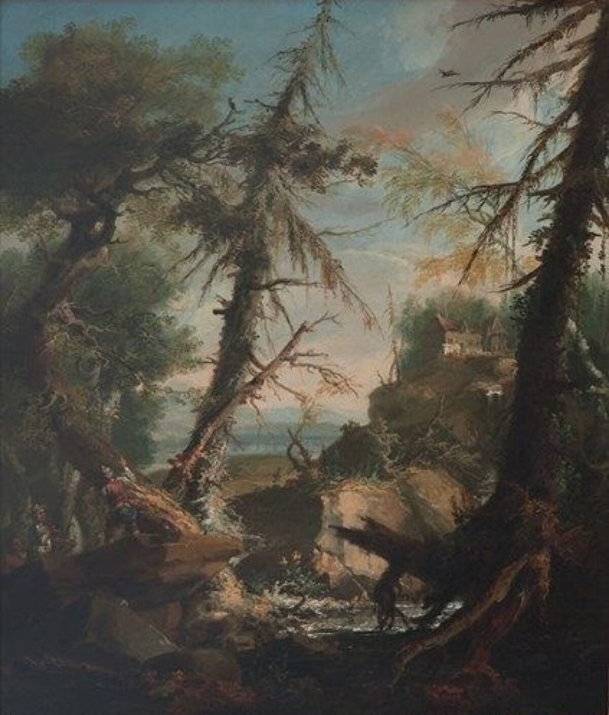 Caspar Wolf, Romantische Waldlandschaft mit drei Figuren, die eine Felszunge besteigen, 1769