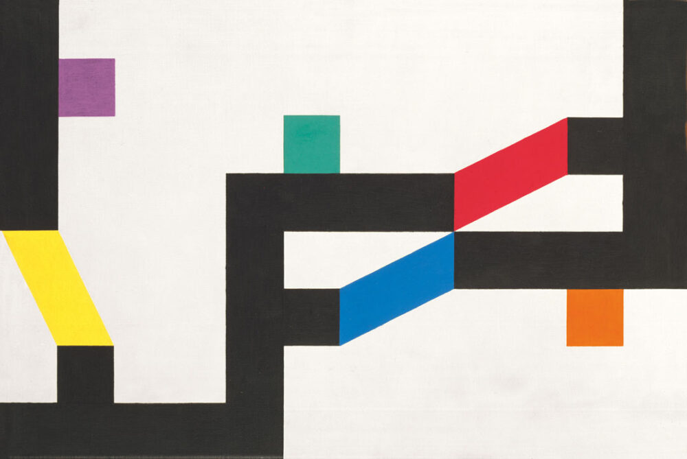 Abstraktes Gemälde mit schwarzen und farbigen Balken