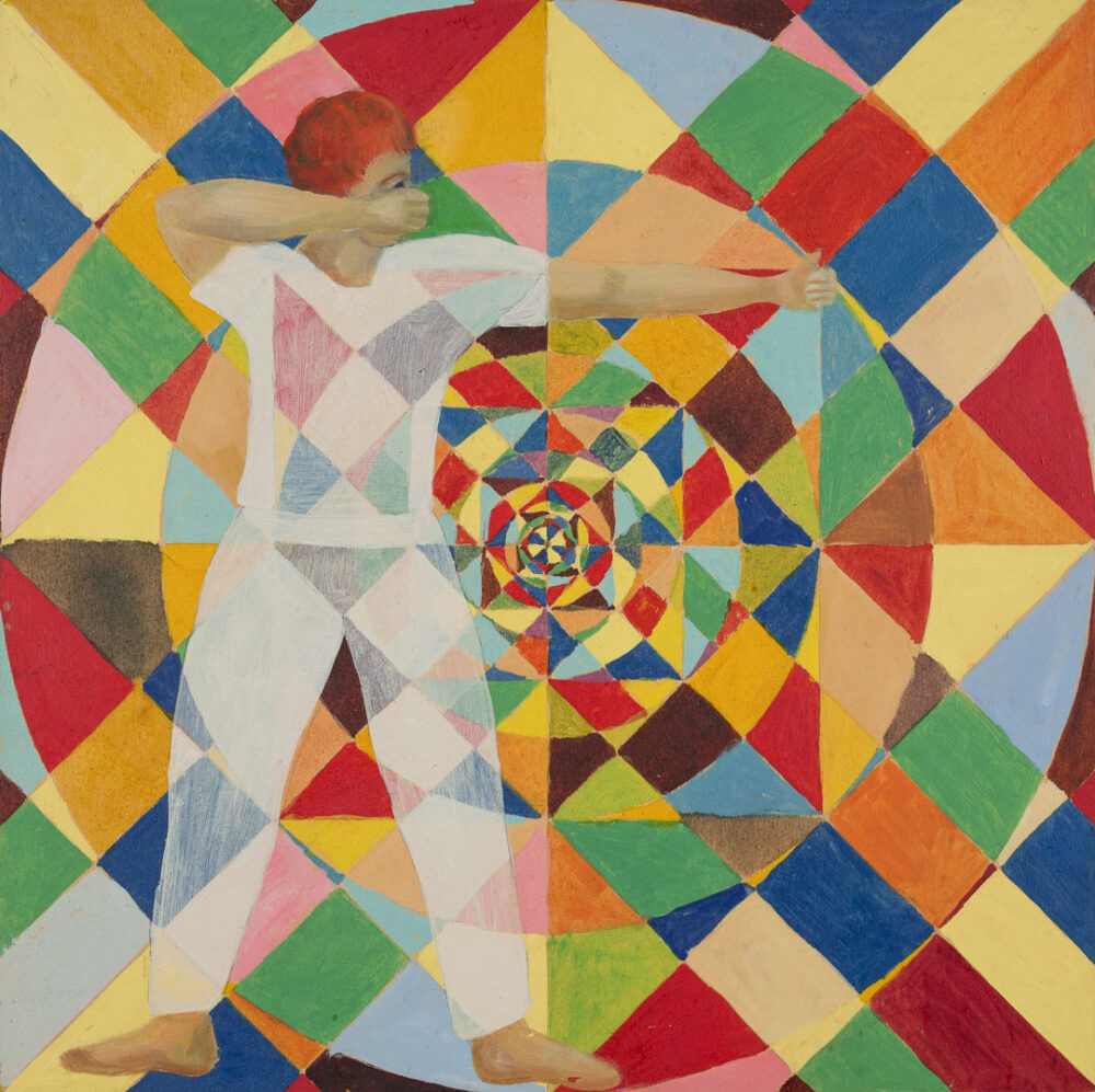 Gemälde einer Figur, die einen Pfeilbogen aufzieht, vor einem abstrakten farbigen Hintergrund