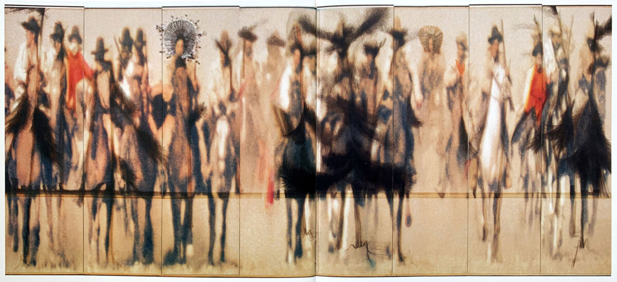 Kunstwerk mit einer Gruppe von auf Pferde reitenden Menschen, die dem Betrachter entgegenkommen.