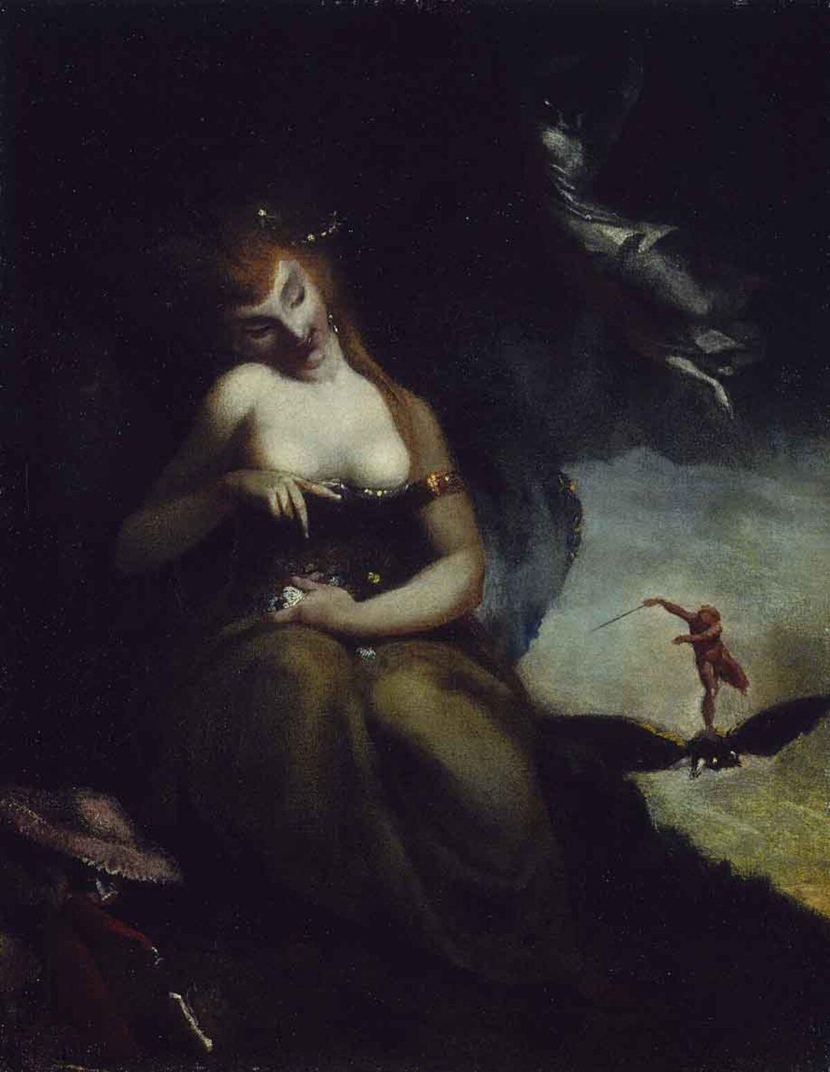 Johann Heinrich Füssli, Perdita umgeben von drei Fairies, im Hintergrund Ariel, 1785