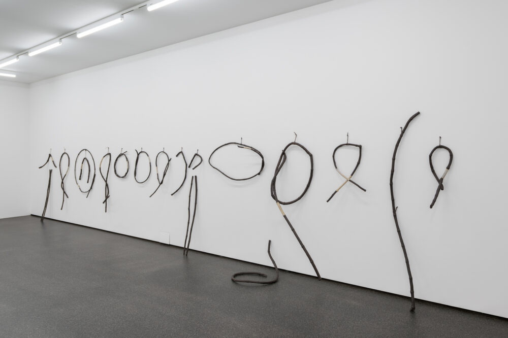Eine Kunstwerkinstallation aus aufgehängten Fahrradschlauchartigen Linien an der Wand.