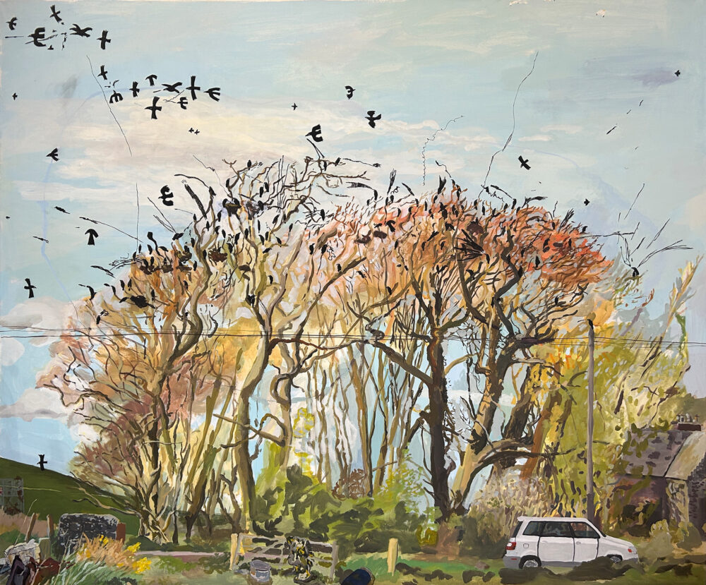 Malerei eines Waldstückes, aus dem ein Schwarm Vogel hervorfliegt.