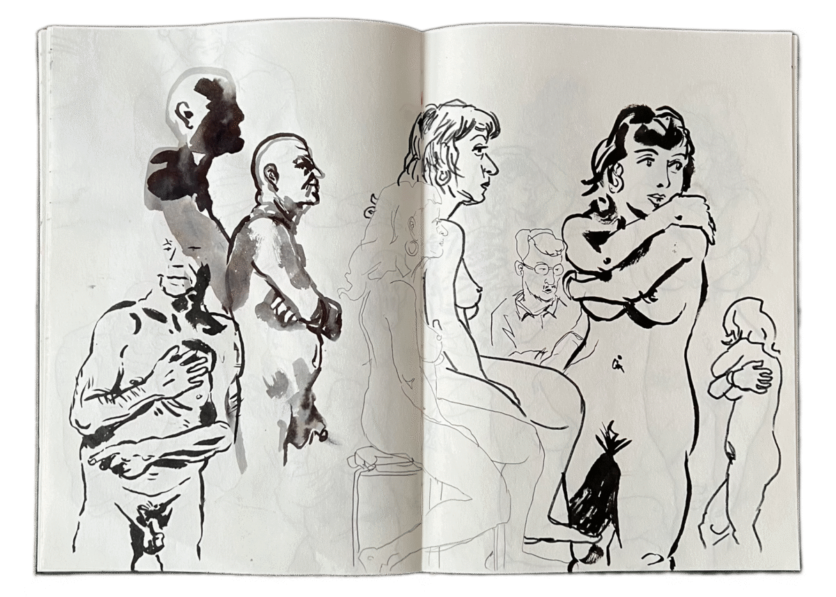 Verschiedene Zeichnungen von Aktmodellen in einem Skizzenheft