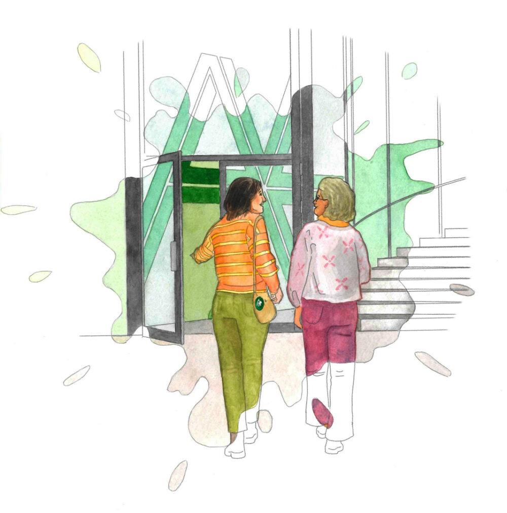 Zeichnung von zwei Personen, die vor Eingang des Kunsthauses stehen