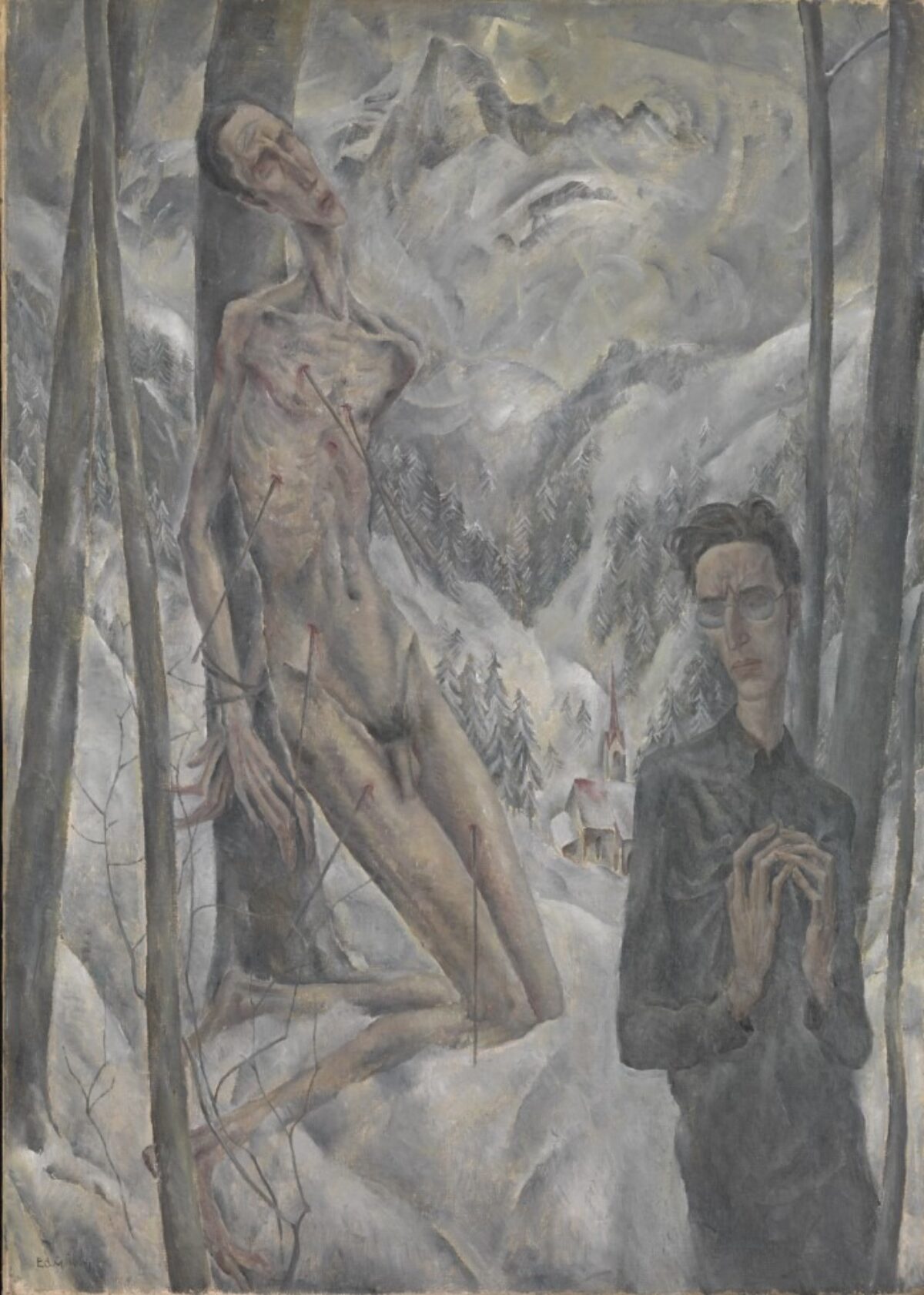 Eduard Gubler, St. Sebastian im Schnee mit Selbstbildnis (Im Riedertal), 1917 