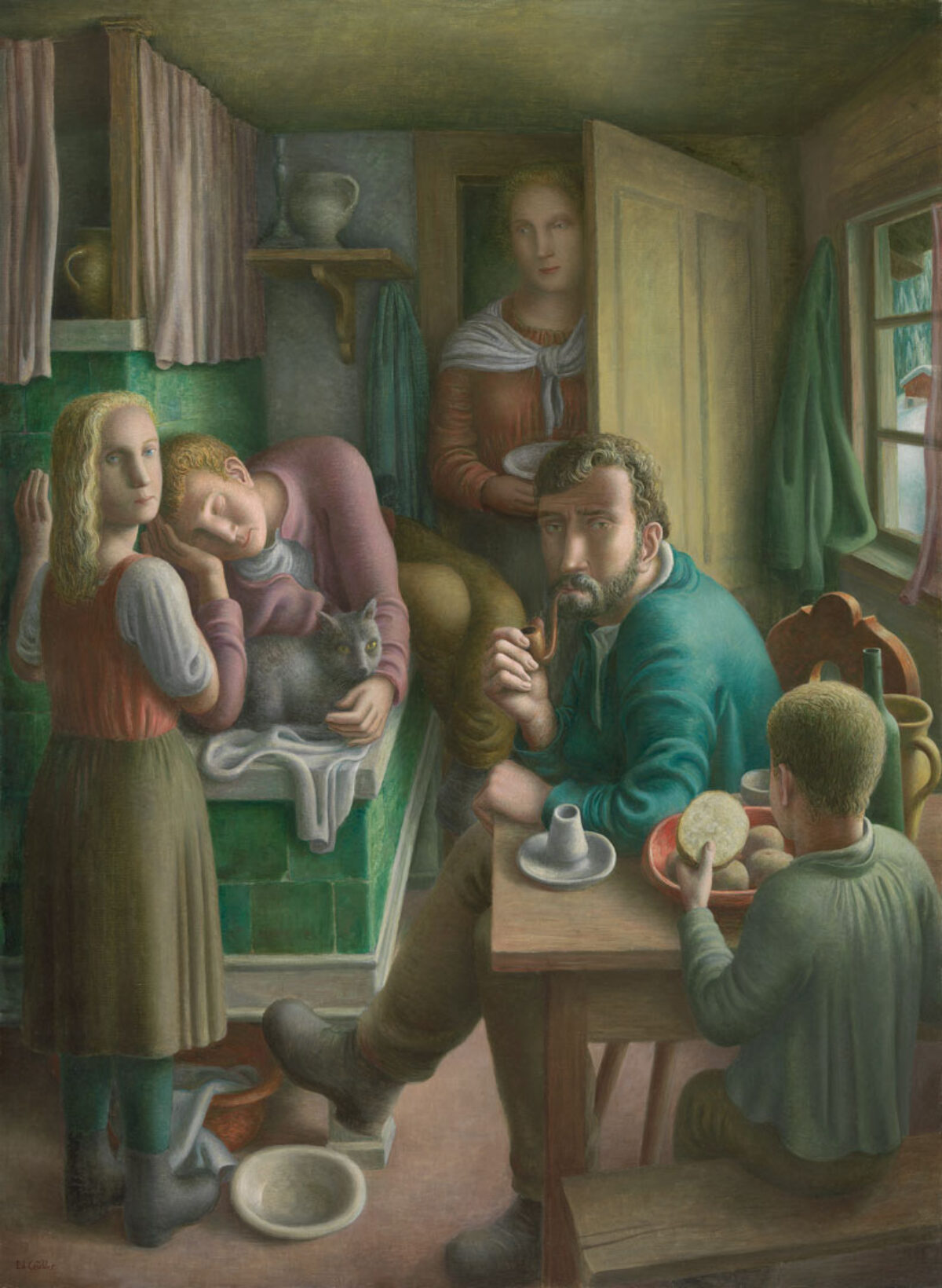 Malerei von Eduard Gubler, dass eine Bauernfamilie in einer Stube zeigt mit fünf Mitgliedern.
