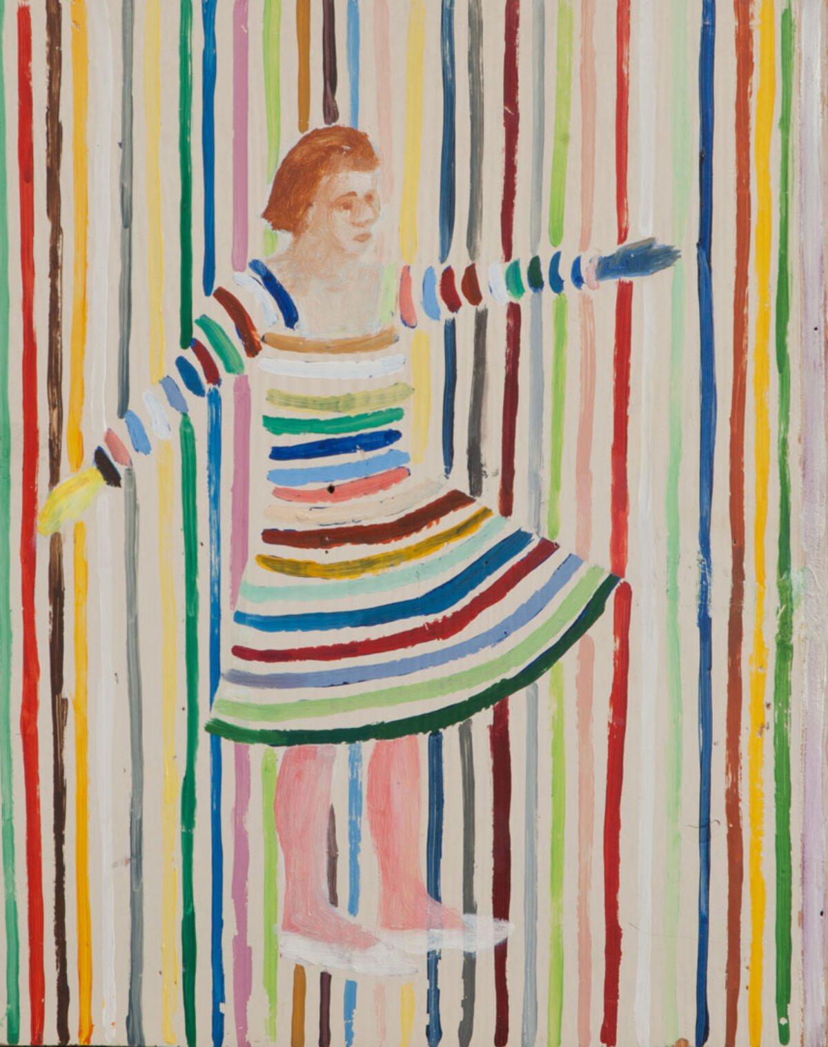 Gemälde von Gabi Fuhrimann einer weiblichen Figur, die die Arme ausbreitet, vor einem abstrakten farbigen Hintergrund