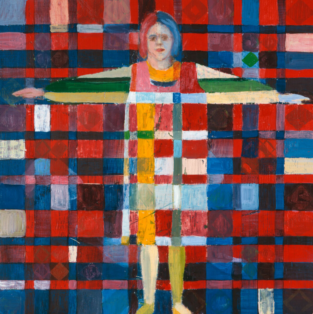 Gemälde von Gabi Fuhrimann einer weiblichen Figur, die die Arme ausbreitet, vor einem abstrakten farbigen Hintergrund