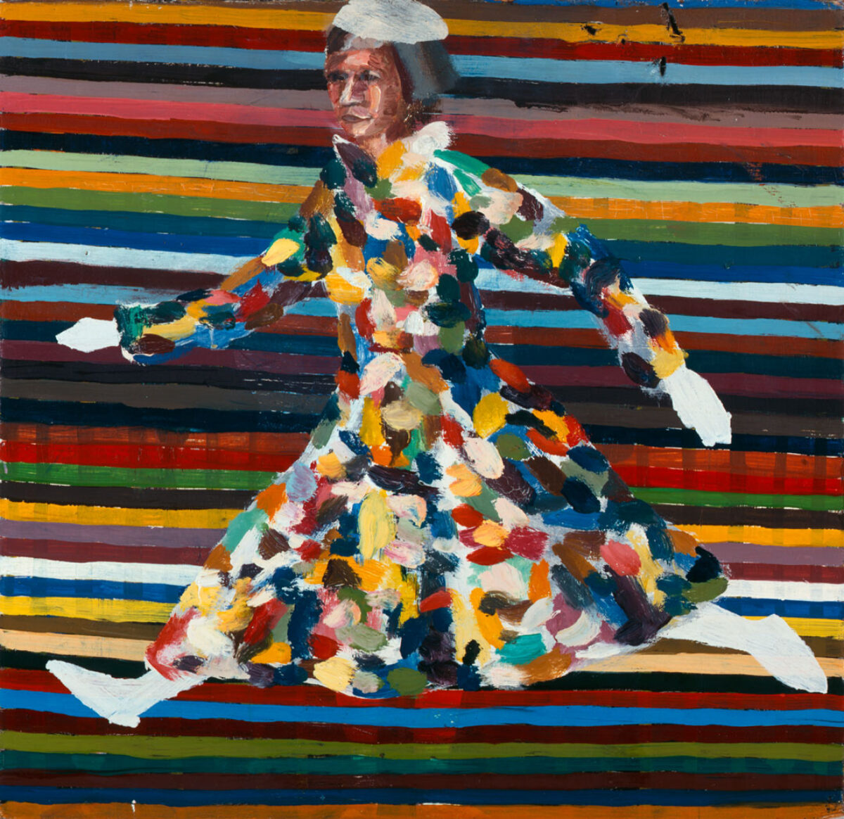 Gemälde von Gabi Fuhrimann einer springenden weiblichen Figur, vor einem abstrakten farbigen Hintergrund
