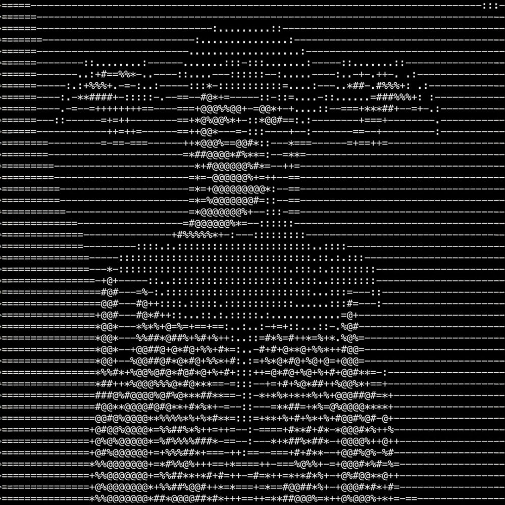 Computergeneriertes Werk von Onome Ekeh, dass eine Person zusammensgestellt aus ASCII Zeichen darstellt.