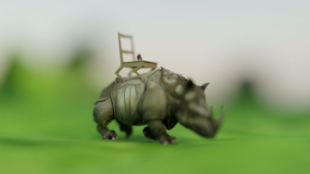 Computergeneriertes Werk von Simone C Niquille, dass ein Nashorn mit einem Stuhl auf dem Rücken darstellt.