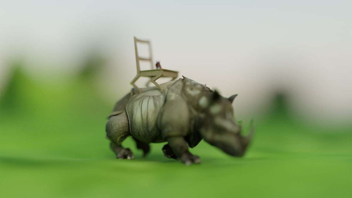 Computergeneriertes Werk von Simone C Niquille, dass ein Nashorn mit einem Stuhl auf dem Rücken darstellt.