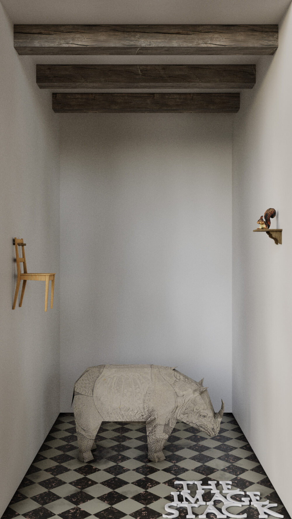 3D generierte Ansicht eines Raumes mit einem Nashorn auf einem karierten Boden und einem Holzstuhl an der einen Wand und einem ausgestopften Eichhörnchen an der anderen Wand.
