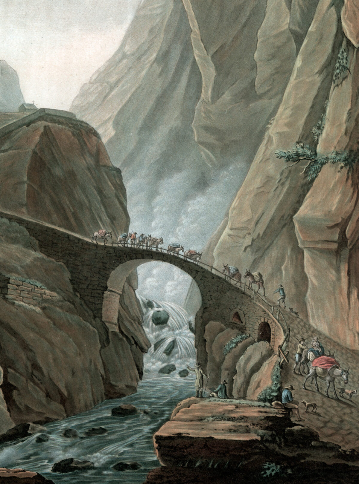 Ein Werk von Charles-Melchior Descourtis nach Caspar Wolf, das eine Brücke (die Teufelsbrücke) mit einem Zug an Menschen zeigt.