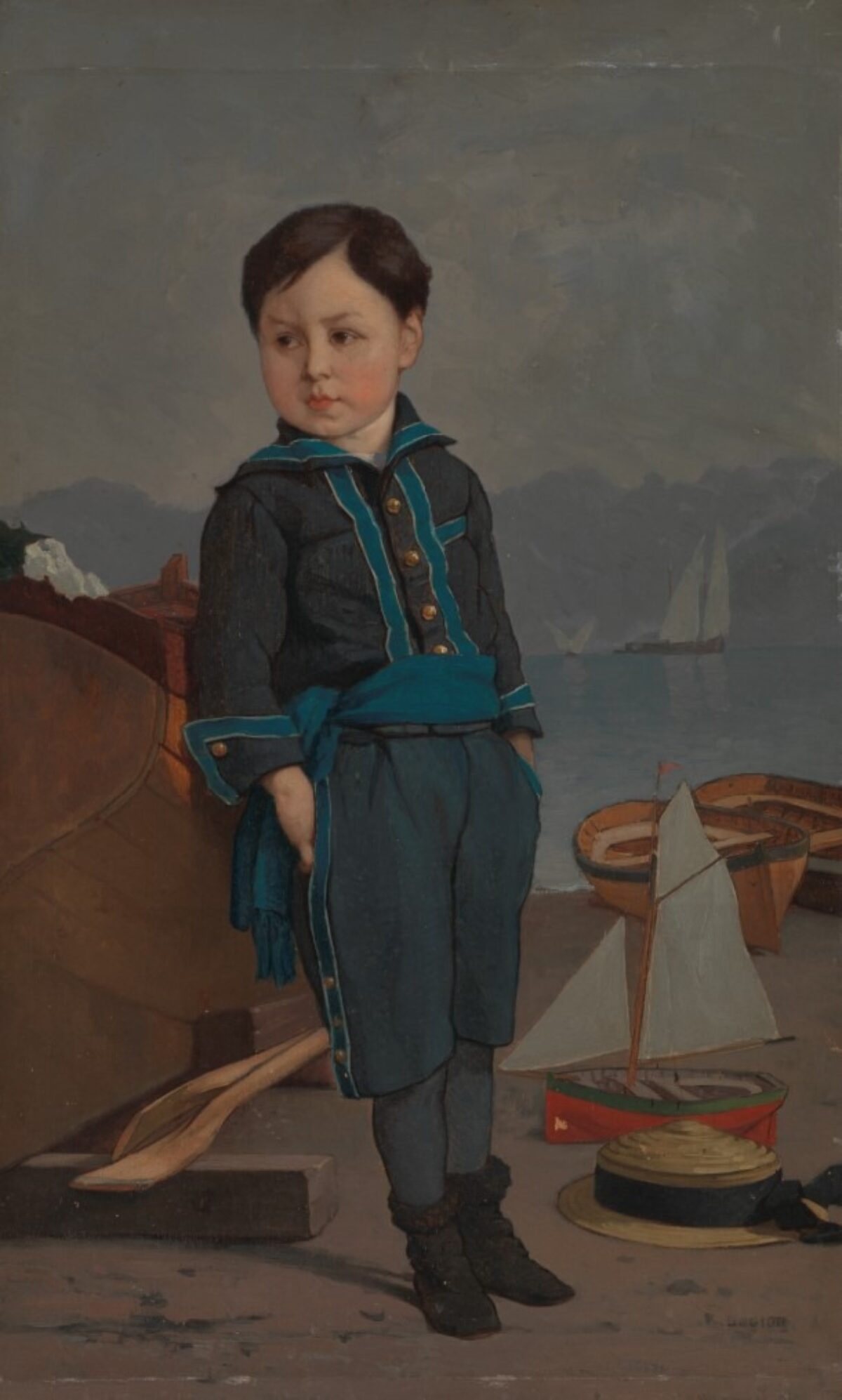 François-Louis-David Bocion, Der Sohn des Künstlers im Matrosenanzug vor Genferseelandschaft, undatiert 