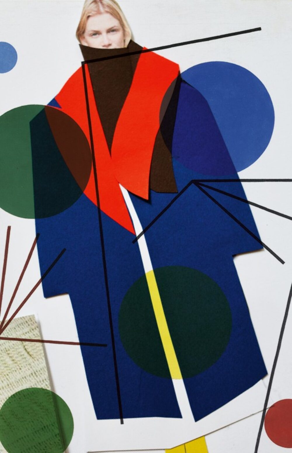 Collage eines Mode-Entwurfs mit Model auf einem abstrakten Werk von Sophie Taeuber-Arp gelegt.